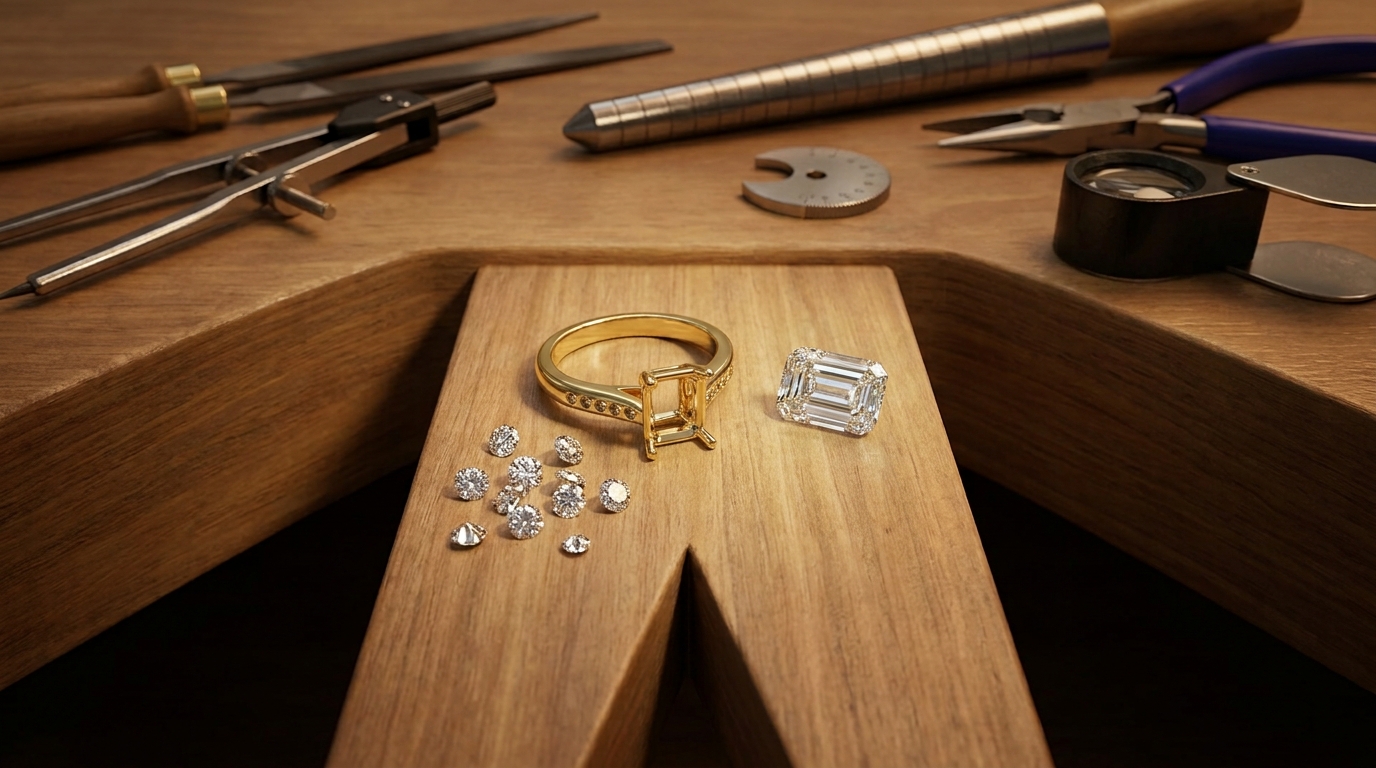 Ring on the workbench with loose diamonds